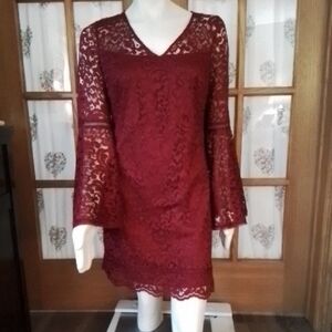 NEW! White House Black Market Maroon Lace Sheath Dress w/ Bell Sleeves, Size 8.